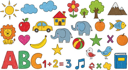 Hand-drawn educational icon vector illustration, ABC letters, math symbols, animals, fruits, nature, playful learning design for children