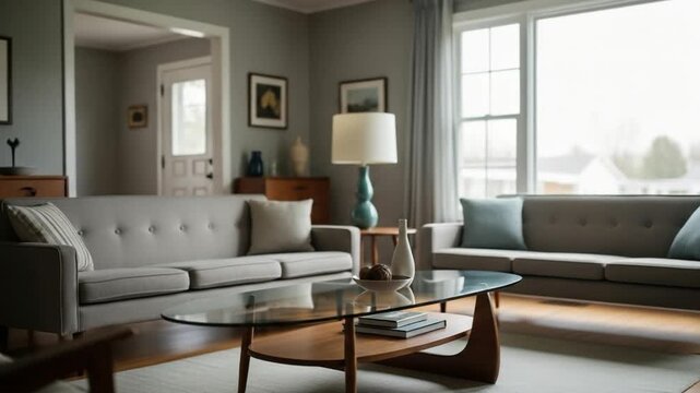 Bright and inviting contemporary living room with comfortable grey sofas, a stylish glass coffee table, and large windows