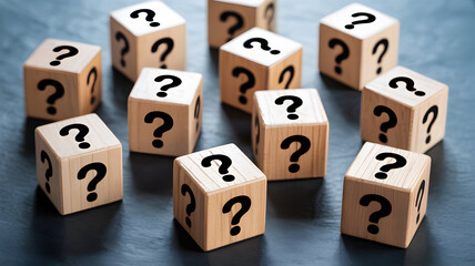 Wooden blocks with question marks symbolize uncertainty and the need for answers representing challenges and problemsolving in various contexts