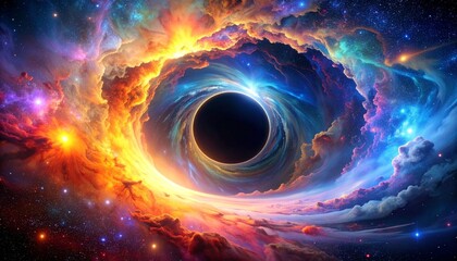 Stylized black hole with swirling multicolor accretion disk in cosmic space, symbol of gravity and mystery, editorial style with astrophysical fantasy energy.