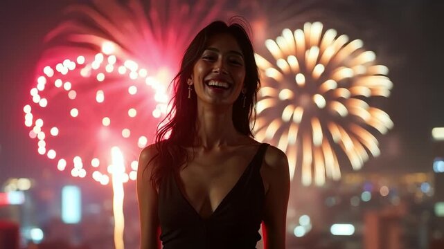A joyful woman at night with red firework over city skyline, celebration vibe and warm bokeh smiling portrait on rooftop, urban festival mood, elegant dress, glowing evening light, happy holiday ev