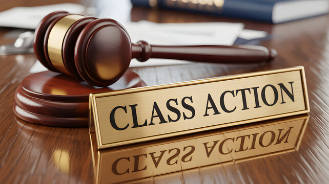 Gavel resting near a class action sign on a wooden desk representing legal proceedings and justice in the courtroom setting for lawsuits and settlements