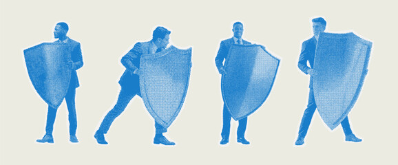Stylised halftone silhouettes of business professionals carrying shields representing safety and risk protection