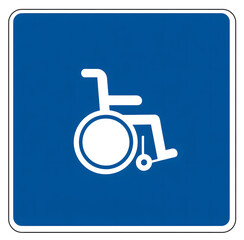 bright blue square sign with a defined white border, prominently featuring the universal symbol of wheelchair, communicating high accessibility or priority access