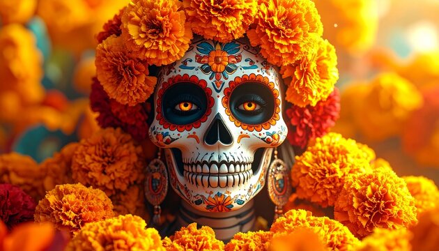 Sugar skull face with marigolds in vibrant D&iacute;a de los Muertos tribute, symbol of remembrance and tradition, editorial style with cultural fantasy energy.