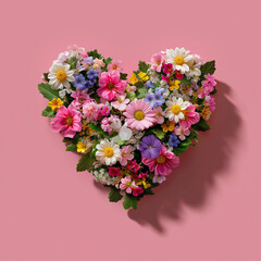A vibrant heart-shaped arrangement of colorful flowers on a pink background, blending petals in pink, white, yellow, and purple for a cheerful, romantic design.