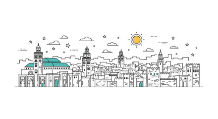 Naklejka premium Panoramic line art illustration of a city skyline with minarets and sun.