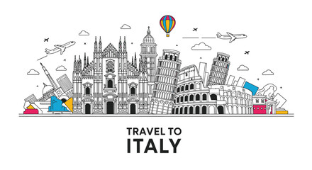 Naklejka premium Outline illustration of famous Italian landmarks and a hot air balloon with travel to Italy text.