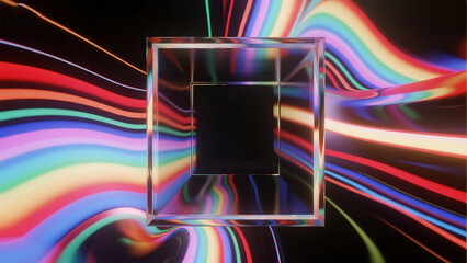 Colorful abstract light waves and glass cube