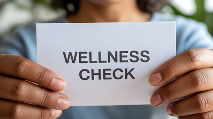 Person holds a wellness check sign promoting health and wellbeing in a closeup shot with a focus on preventative care and selfcare practices for a healthy lifestyle