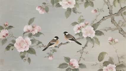 Birds perched on flowering branches