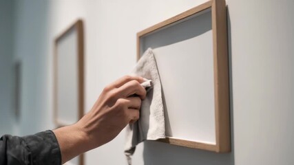 A person carefully cleans a picture frame with a soft cloth, focusing on maintaining the artwork’s pristine condition. The scene highlights attention to detail and cleanliness in a modern setting