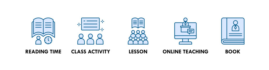 Teaching banner web icon illustration concept with icon of reading time, class activity, lesson, online teaching, and book