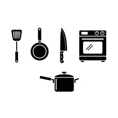 Essential kitchen tools including a spatula, frying pan, chef's knife, pot, and oven create culinary magic for modern cooks.