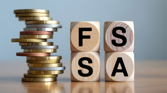 Fsa flexible spending account concept with wooden blocks and stack of coins representing financial planning and healthcare savings for medical expenses and wellness