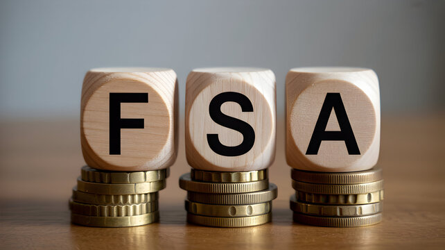 Wooden blocks spelling fsa on stacks of coins represent flexible spending account healthcare savings and financial planning for medical expenses and tax advantages