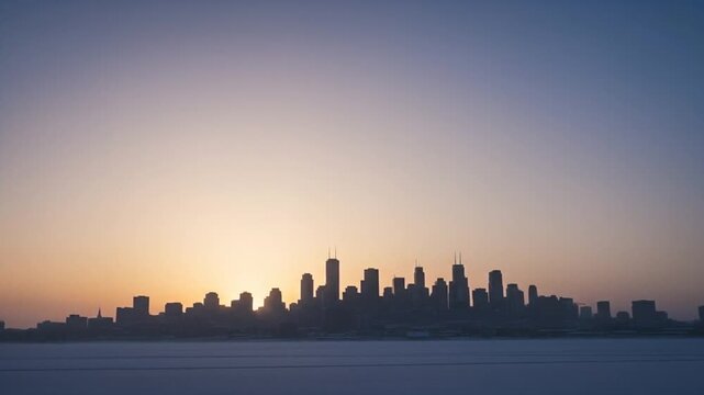 city skyline silhouette at winter sunset, soft gradient sky, subtle snow haze, no identifiable buildings, clean commercial sunset vibe, perfect for winter solstice