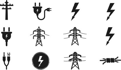 Electricity and power icons set, energy plug symbols, lightning bolt graphics, transmission tower illustrations, electrical infrastructure and utility design elements