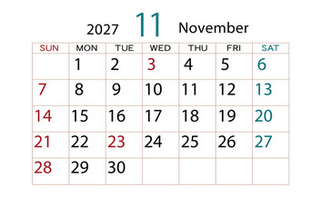 2027年カレンダー11月