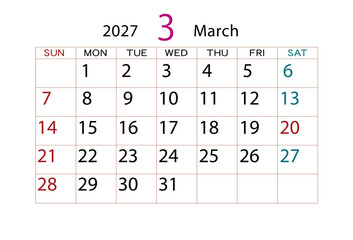 2027年カレンダー3月
