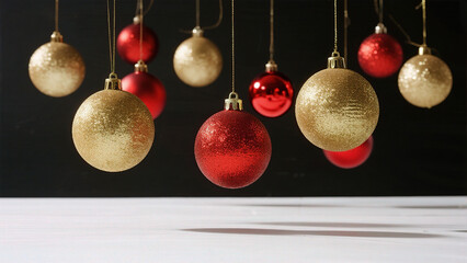 Hanging red and gold Christmas ornaments