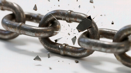 Broken metal chain with shattered link