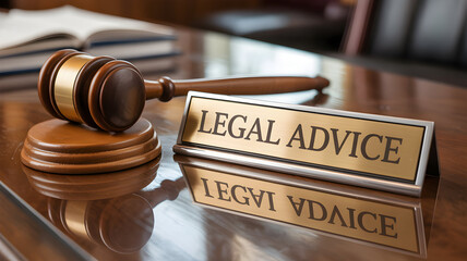 Gavel and legal advice sign on a wooden desk in a law office setting symbolizing justice legal representation and the importance of seeking professional counsel