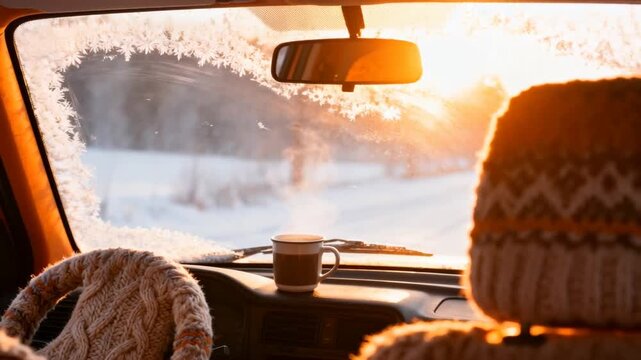 view through slightly frosted car window showing blurred snowy landscape, cozy interior warm tint, relatable winter travel aesthetic, perfect for winter solstice
