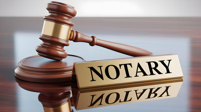 Wooden gavel and notary sign on a reflective surface symbolize legal authority and authentication processes in law offices and government agencies for official documents
