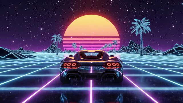 Retro futuristic sports car cruising into a vibrant sunset with a neon grid landscape for a dynamic, nostalgic, and exciting experience