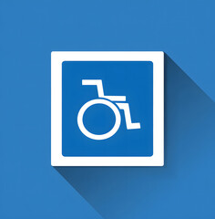 bright blue square sign with a defined white border, prominently featuring the universal symbol of wheelchair, communicating high accessibility or priority access