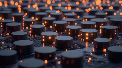 Array of cylinders on a circuit board, with glowing orange lights
