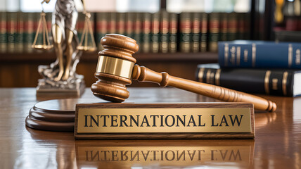 Gavel rests on an international law sign with lady justice and law books in the background symbolizing legal expertise and global justice in a courtroom setting