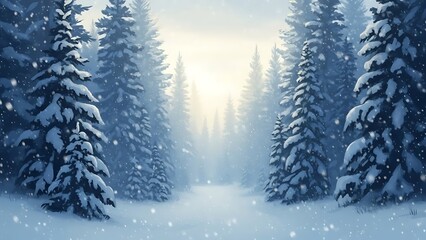 Snowy Pine Forest Scene with Falling Snow and Soft Light winter pine trees