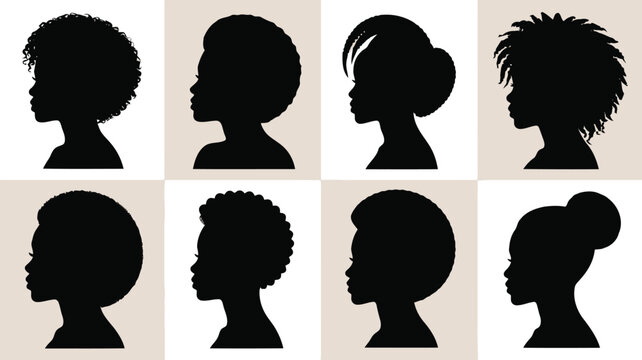 Eight striking black female profiles showcasing a diverse range of beautiful and unique hairstyles