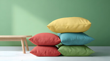 showcasing stack of brightly colorful textile pillows resting on clean white surface table, dramatically set against smooth, vivid green accent wall background