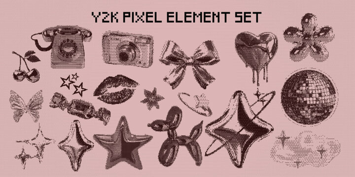 Aesthetic Grunge Y2K Retro Stipple Element with Telephone, Camera, Bow, Stars, Heart, Ball Disco in Pixel Halftone Dot Style