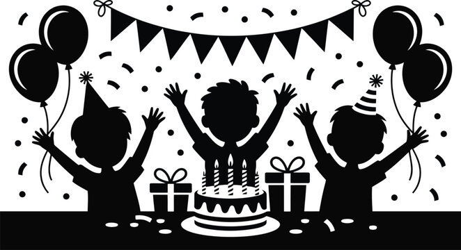 Festive silhouette of happy kids celebrating a birthday with cake presents and balloons - Powered by Adobe