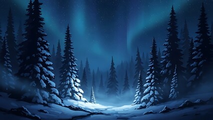 Snow- Covered Pine Forest Under a Starry Night Sky with Aurora pine trees winter