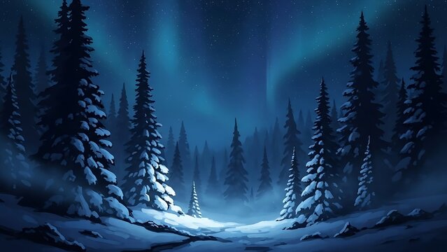 Snow- Covered Pine Forest Under a Starry Night Sky with Aurora pine trees winter - Powered by Adobe