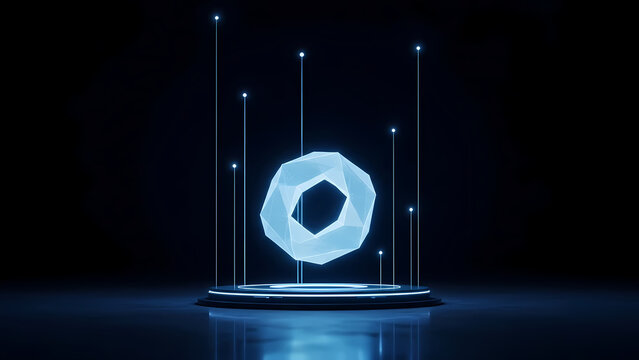A futuristic, glowing, digital abstract geometric shape levitates on a platform, illuminated by vertical light beams, against a dark background.