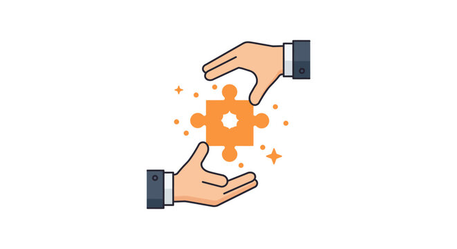 Problem solving with collaborative hands placing an orange jigsaw puzzle piece symbolising teamwork and solution ideal for business concepts.