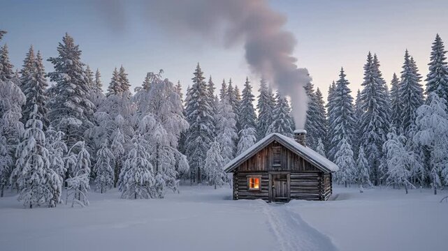 small wooden cabin in snowy forest with warm chimney smoke rising, peaceful isolated winter solstice vibe, perfect for winter solstice