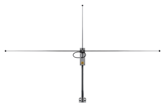 Chrome metal dipole radio antenna with mounting bracket and cable isolated on a transparent background