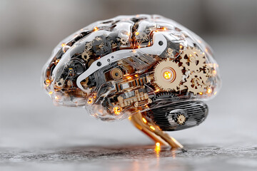 Conceptual rendering of a transparent mechanical brain with glowing golden clockwork gears, symbolizing artificial intelligence and thought