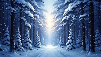 Snow Covered Forest Path Illuminated by Soft Sunlight in Winter trees
