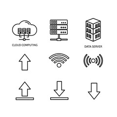Modern cloud computing and data server icons representing technology, connectivity, and digital information transfer in a clean, minimalist style