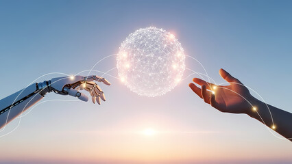 A robotic hand and a human hand reach towards a glowing sphere, symbolizing connection and the future of technology against a sunset sky.