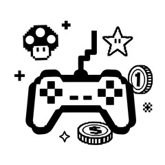 Retro gaming controller with pixelated mushroom, star, and coins, ideal for nostalgic video game projects and digital content