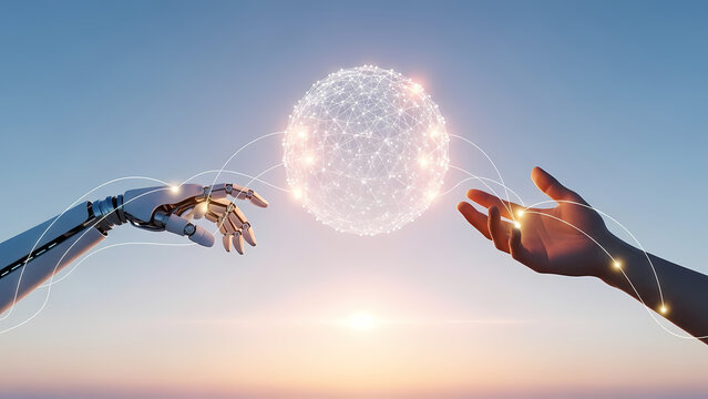 A robotic hand and a human hand reach towards a glowing sphere, symbolizing connection and the future of technology against a sunset sky.